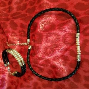 Silpada leather, pearl, and silver chocker and bracelet